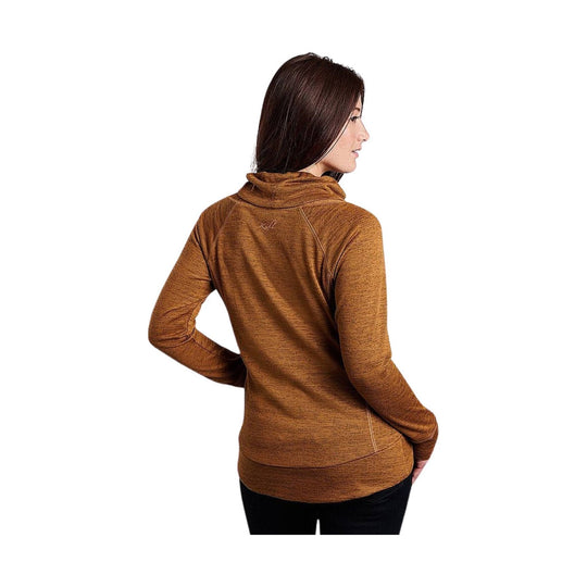 Brown heathered long-sleeve pullover with cowl neck shown from the back