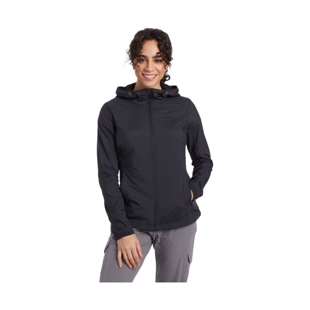 Black zip-front hooded jacket with long sleeves and hand pockets