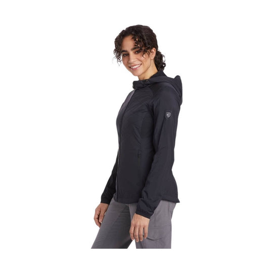 Black hooded zip-front athletic jacket with long sleeves