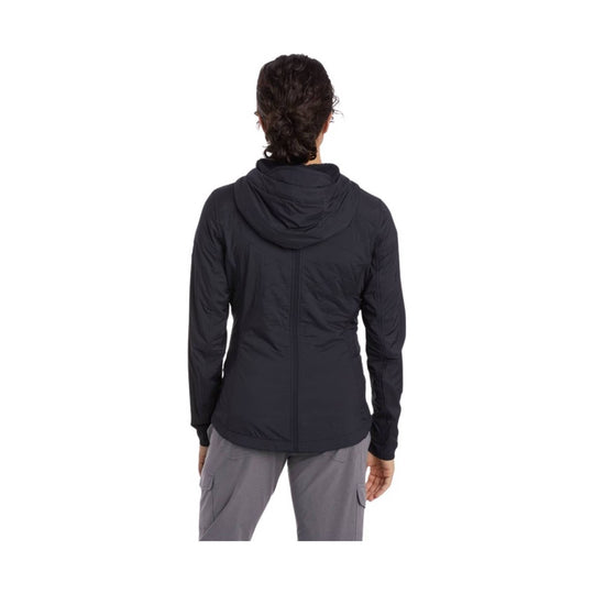 Back view of a black hooded zip-up jacket with long sleeves