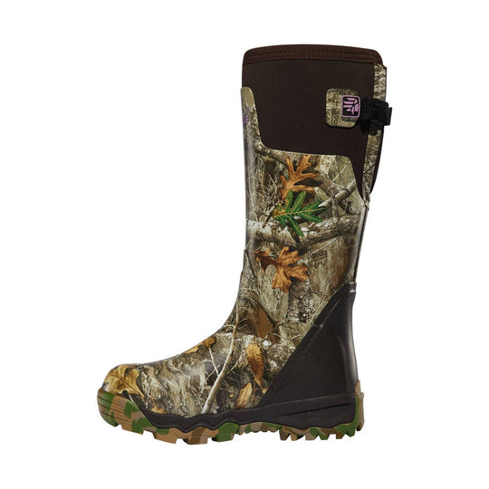 Tall camouflage rubber hunting boot with brown upper and black heel reinforcement