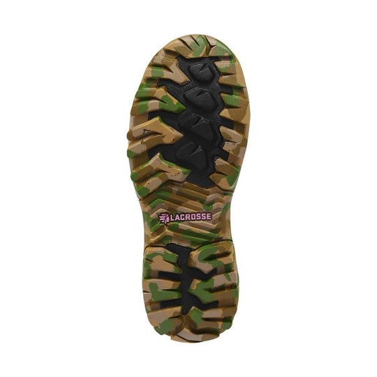 Camouflage boot outsole with black traction lugs and LACROSSE logo
