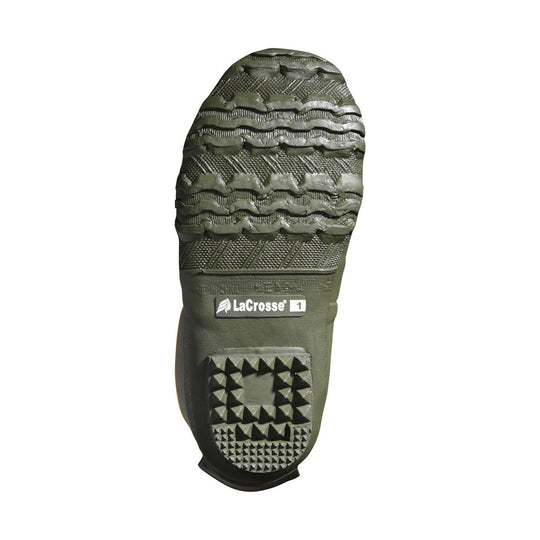 Green kids' winter boot outsole with deep tread and LaCrosse 1 label