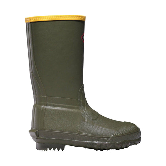 Olive green rubber knee-high boot with a yellow top trim and lug sole