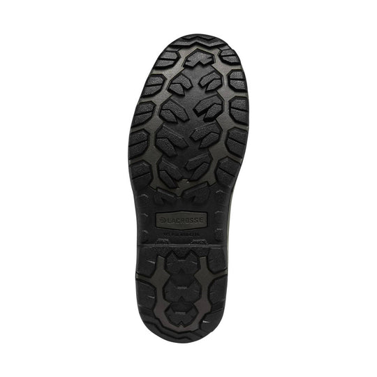 Black boot outsole with deep lug tread and LACROSSE branding