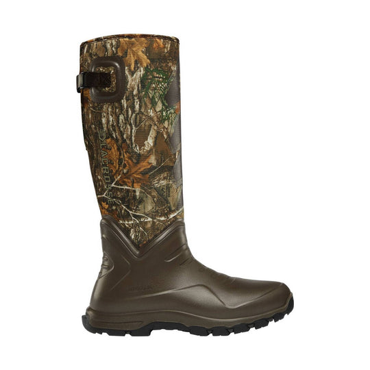 Tall camouflage rubber hunting boot with brown lower shell and side buckle strap