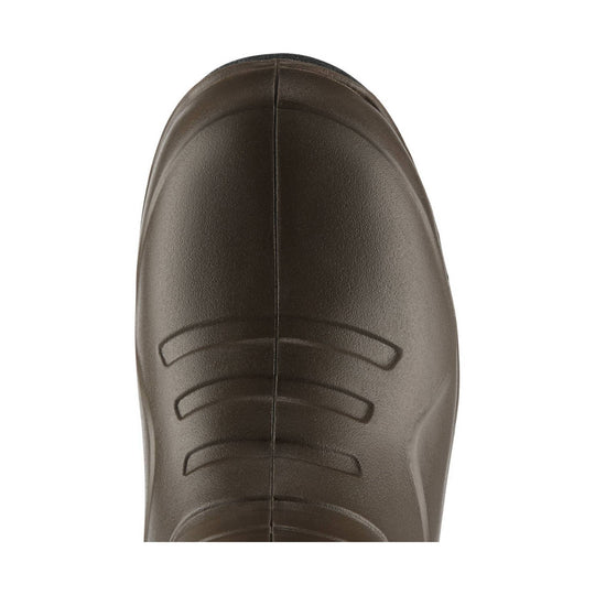 Brown rubber boot toe with molded tread and center seam, shown from above on a white background