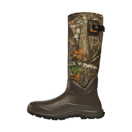 Tall camouflage rubber hunting boot with brown toe and sole