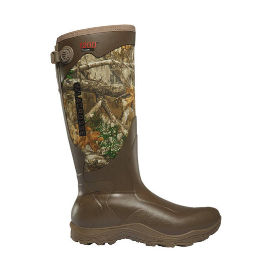 Tall brown and camouflage insulated rubber boot with side pull tab and treaded sole