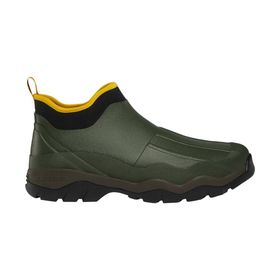 Green pull-on mud boot with black cuff, yellow trim, and rugged black tread sole