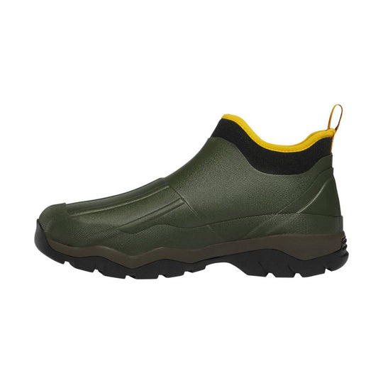 Olive green slip-on mud boot with yellow trim and black rugged sole