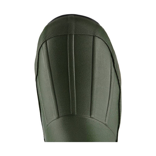 Olive green rubber muddy boot with a textured toe and padded upper, shown from above