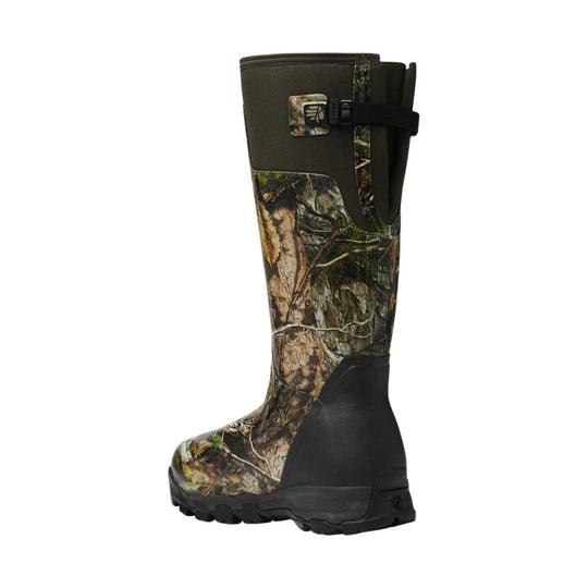 Tall camouflage rubber hunting boot with black sole and ankle strap