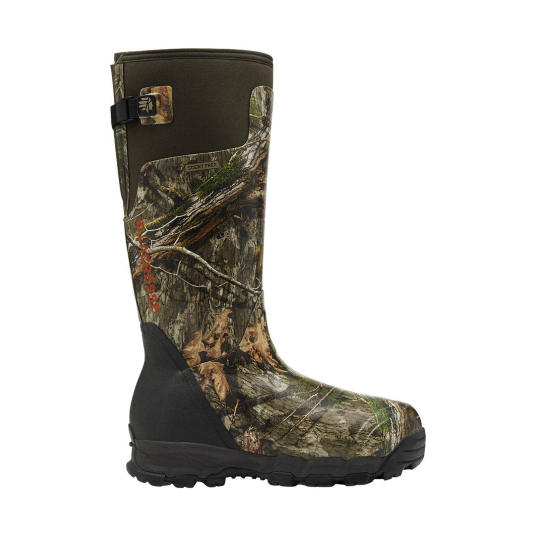 Camouflage knee-high rubber hunting boot with black sole and pull strap