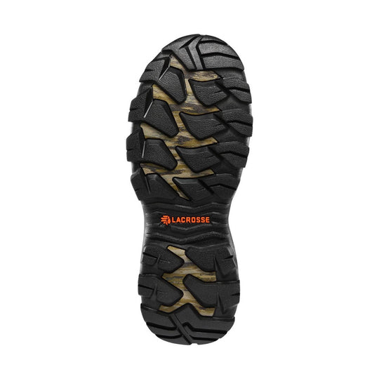 Black lugged boot outsole with camouflage inserts and orange LACROSSE logo