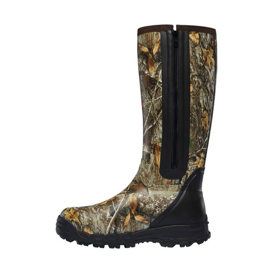 Camo tall rubber boot with black zipper panel and lug sole