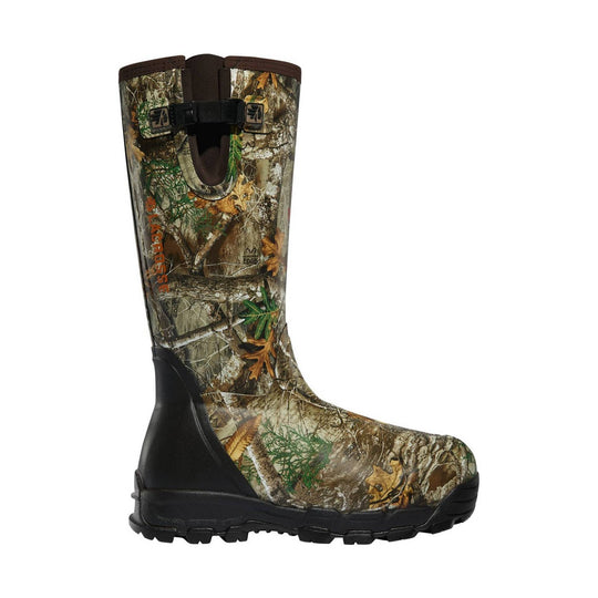 Tall camouflage rubber hunting boot with black lower section and pull strap near the top