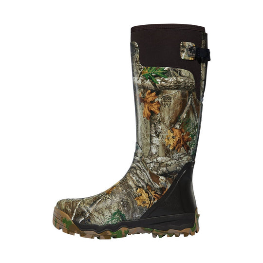 Camouflage knee-high rubber boot with black upper and rugged tread sole