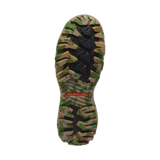 Camouflage boot outsole with deep black traction center and orange Lacrosse logo