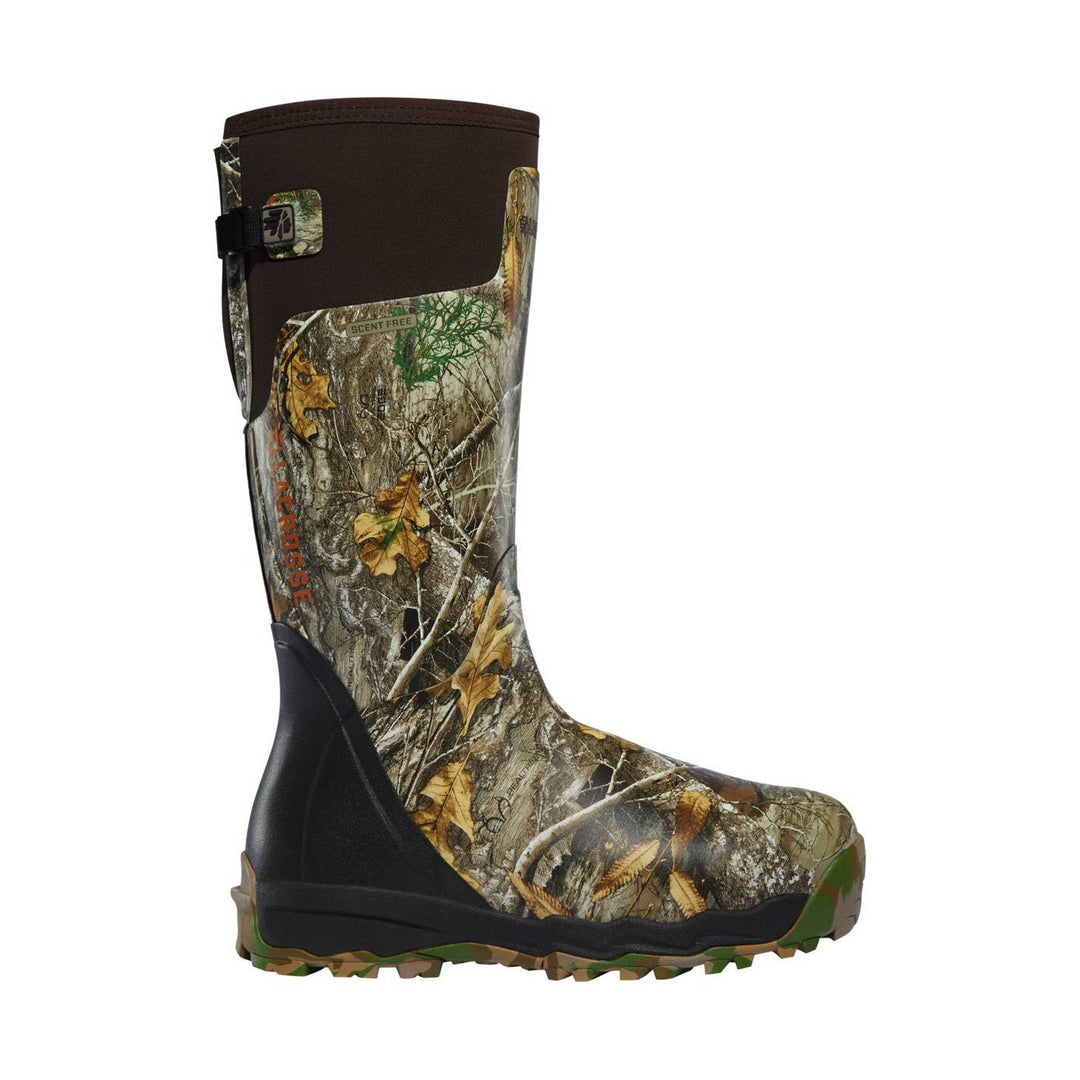 Camouflage knee-high rubber hunting boot with black lower section and tan tread