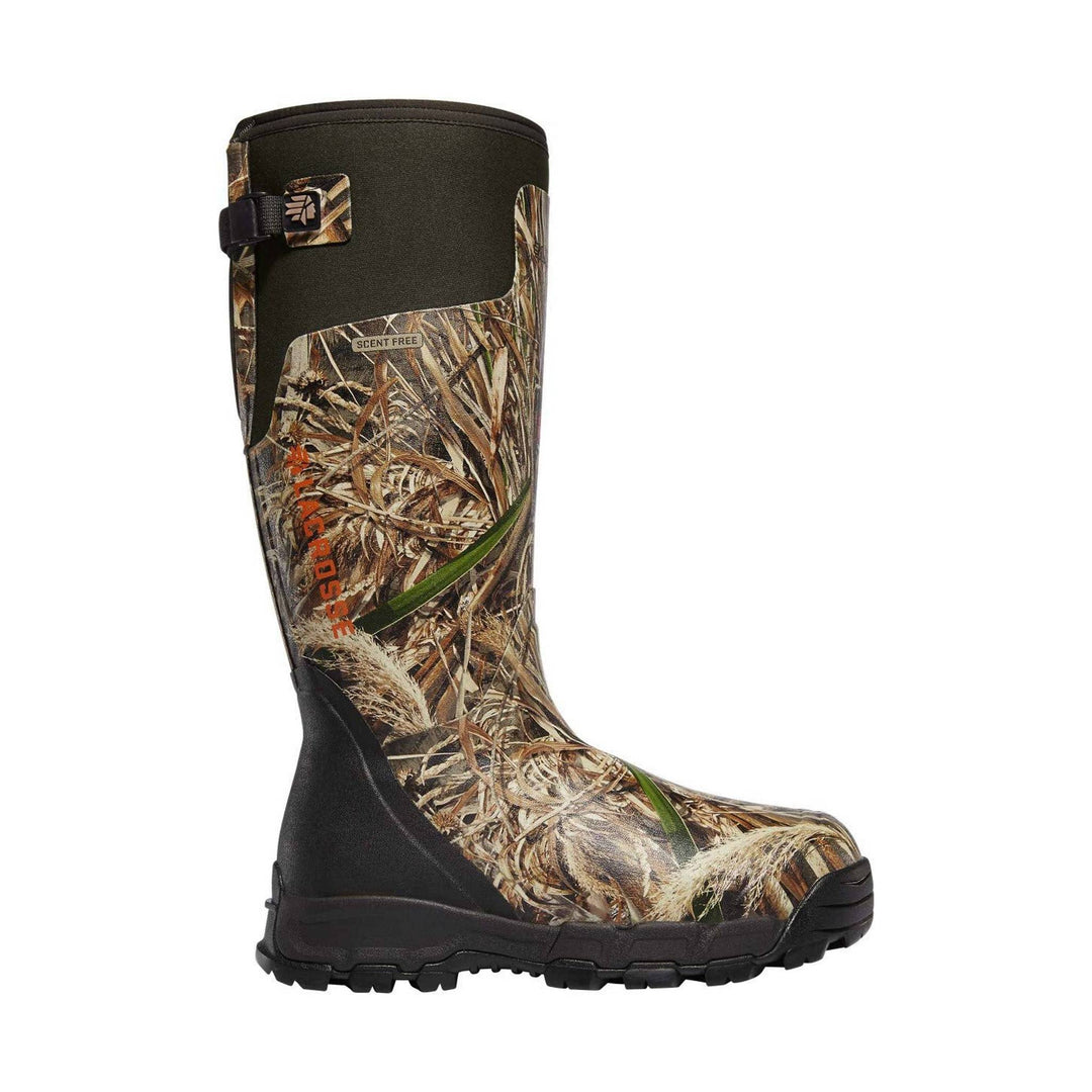 Tall camo knee-high rubber boot with black upper and rugged tread sole