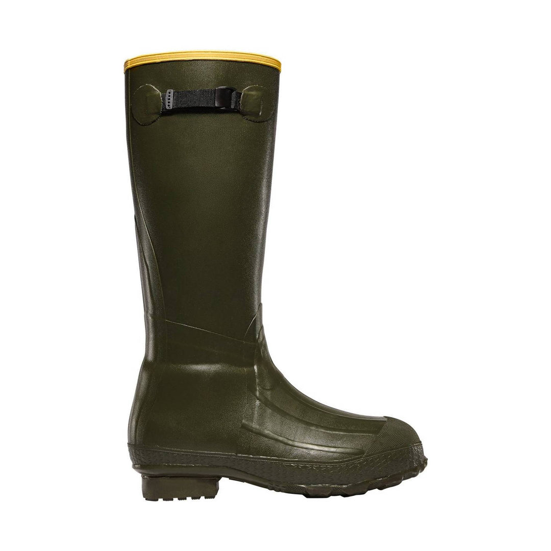 Tall olive-green rubber boot with black buckle strap and textured sole