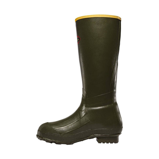 Tall dark green knee-high rubber boot with a black textured sole and tan top trim