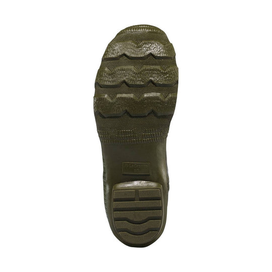 Olive rubber boot sole with deep lug tread and visible LaCrosse size marking