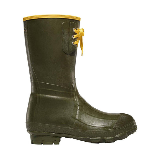 Olive knee-high rubber boot with yellow laces and reinforced toe