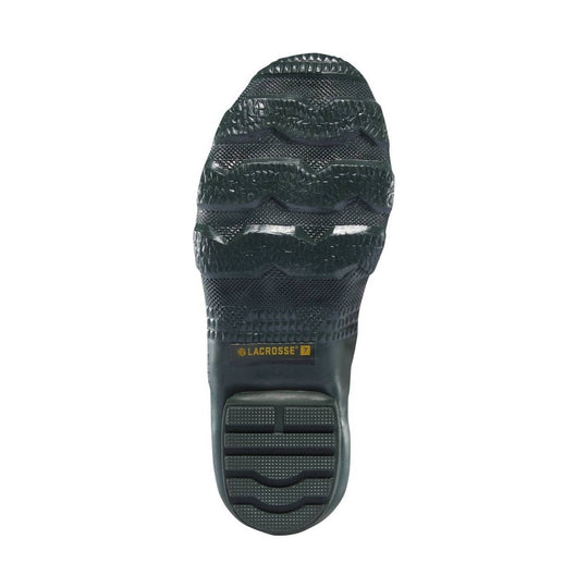 Bottom view of a black rubber boot sole with deep tread