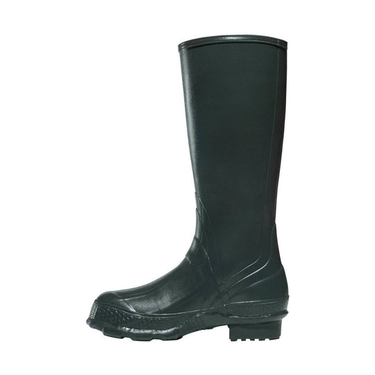 Black knee-high rubber boot shown in profile with rugged treaded sole