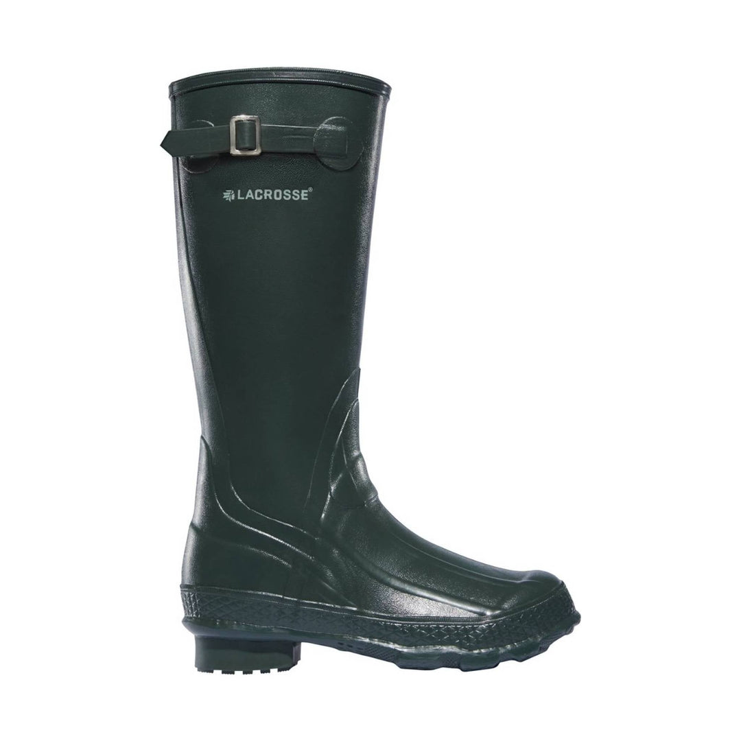 Tall black rubber boot with a buckle strap at the top and a rugged treaded sole