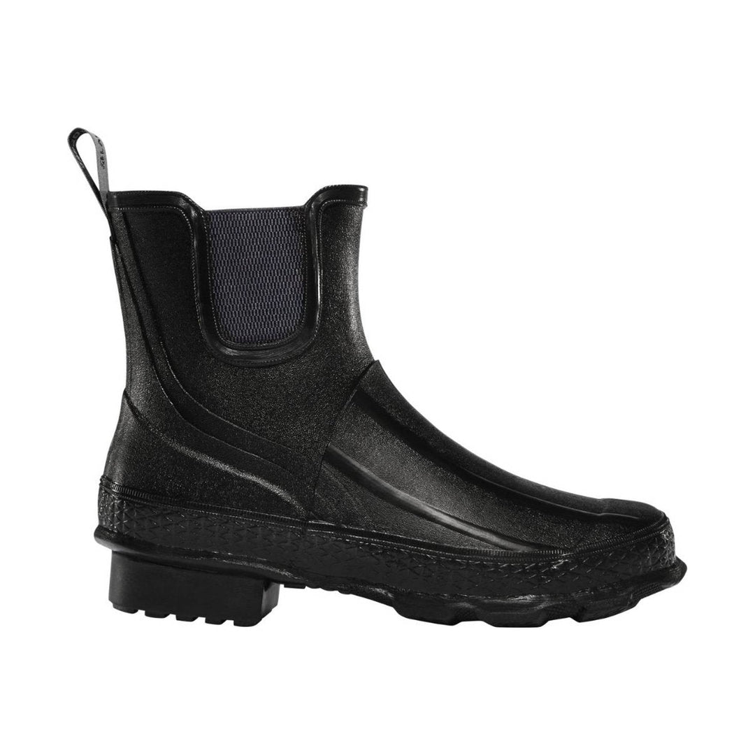 Black Chelsea rain boot with elastic side panel, pull tab, and lug sole