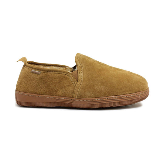 Tan suede slip-on slipper with shearling lining and a rubber sole