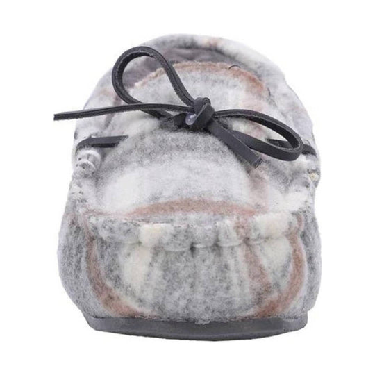 Gray plaid moccasin slipper with faux-fur lining and black lace bow