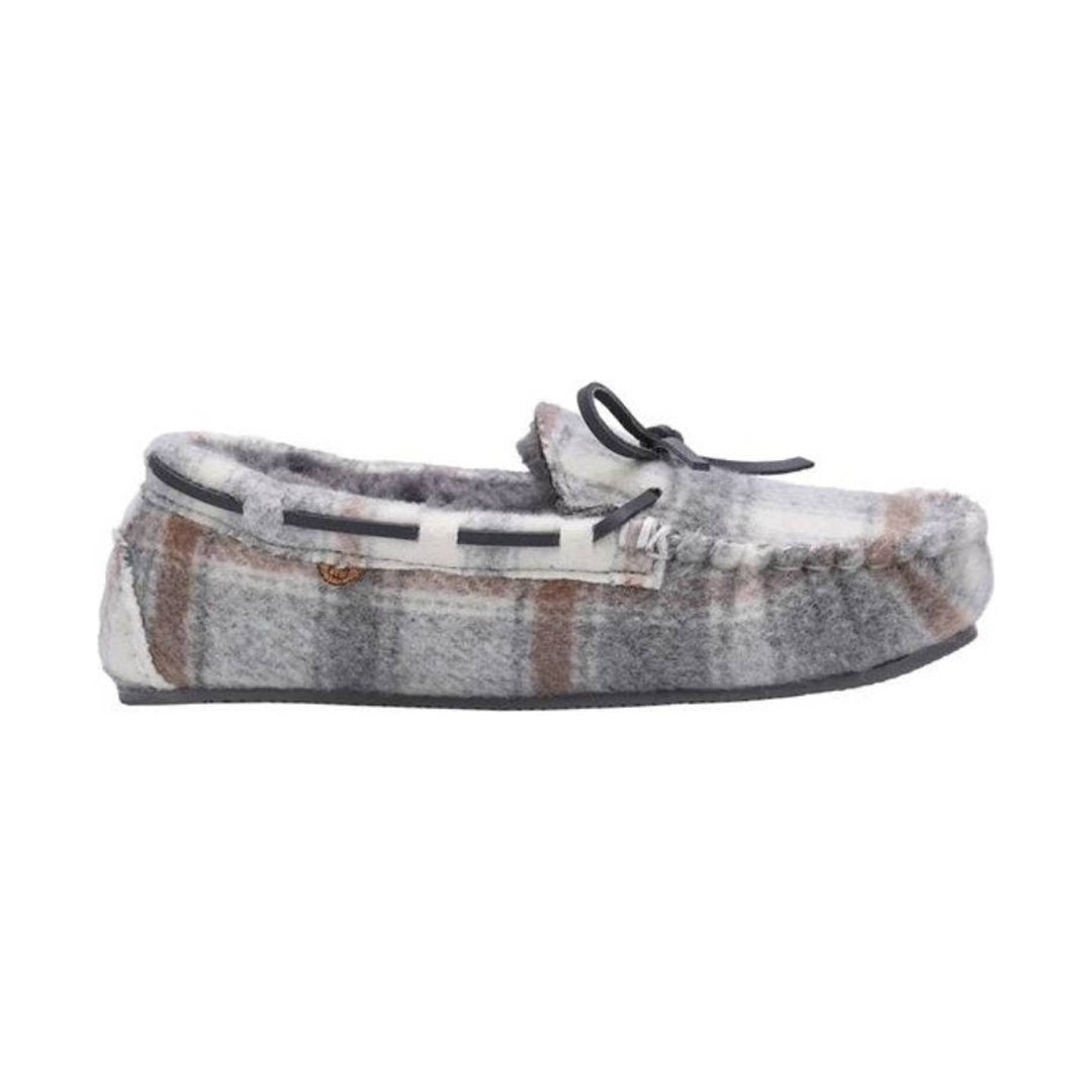 Grey plaid faux-fur moccasin slipper with black laces
