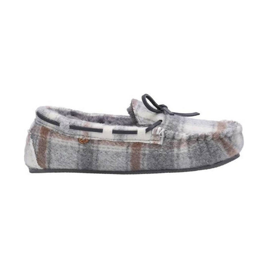 Grey plaid faux-fur moccasin slipper with black laces