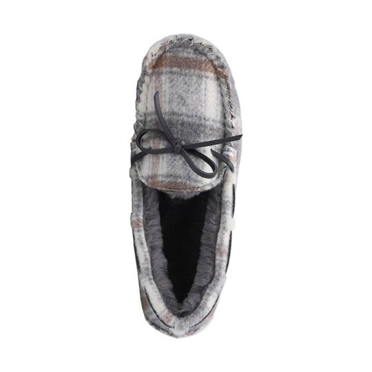 Plaid faux-fur moccasin slipper with black laces, shown from above