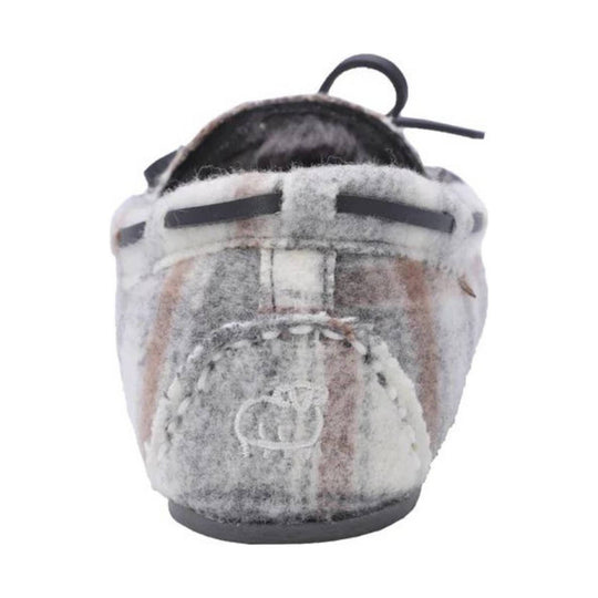 Gray plaid moccasin slipper with faux-fur lining and black trim