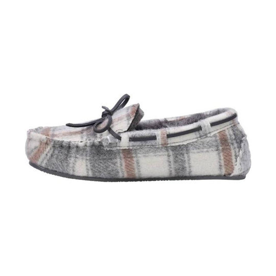 Plaid moccasin slipper with black bow laces and rubber sole