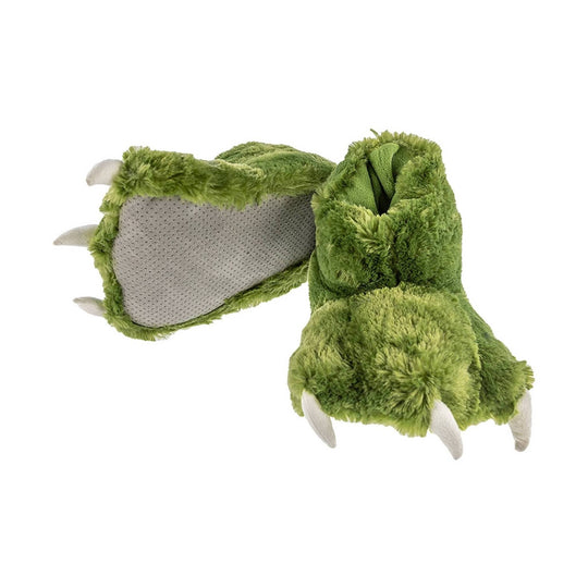 Green furry slipper with white claws and paw-print sole