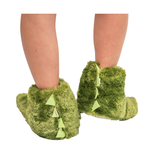 Green fuzzy slipper boots with plush cuffs and pointed spikes on the back