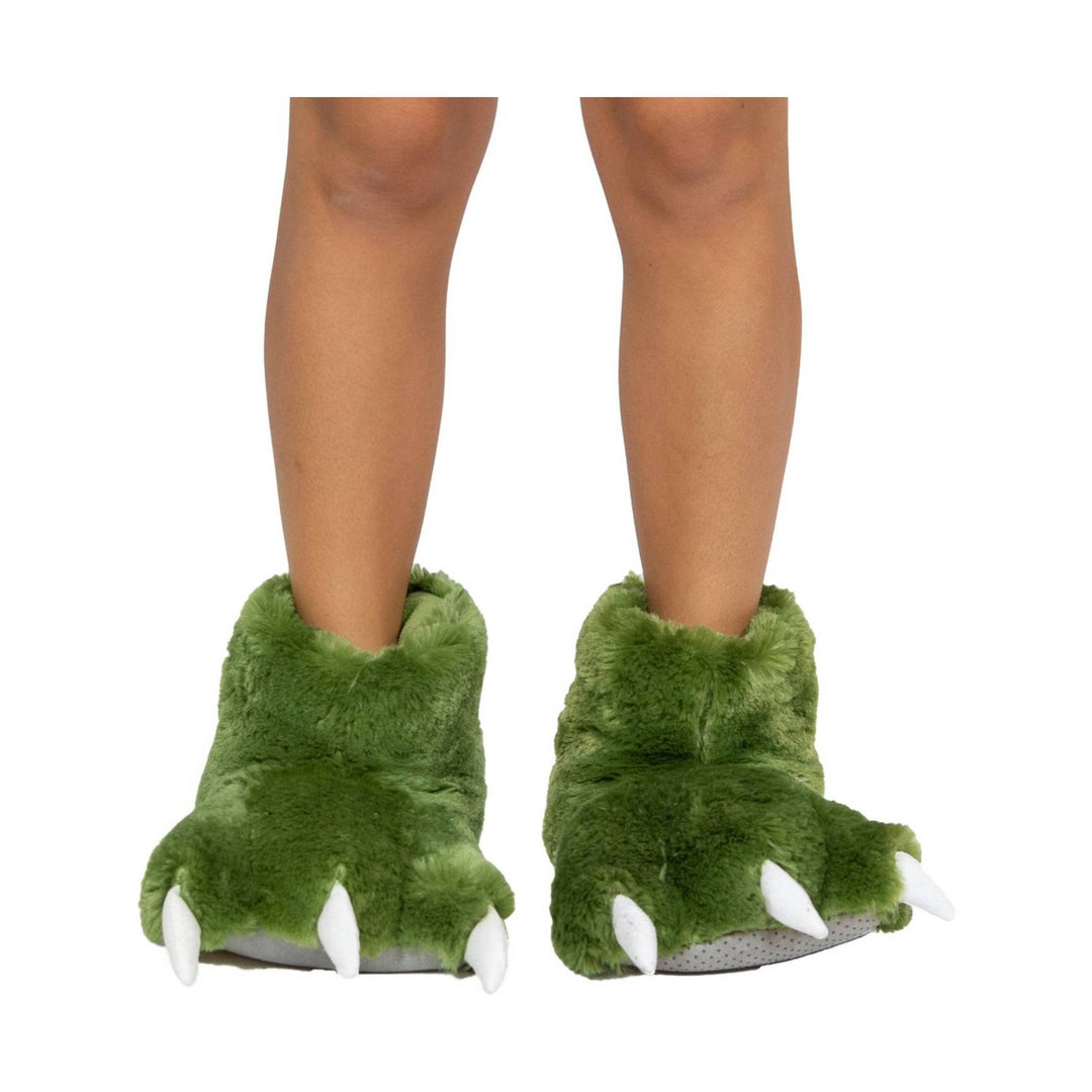 Green fuzzy slipper boots with white claw toes