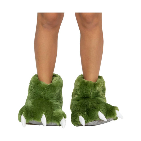 Green fuzzy slipper boots with white claw toes