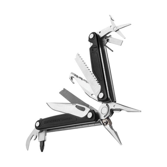 Black and silver folding multitool with knife blade, pliers, screwdrivers, saw, and file in an open view