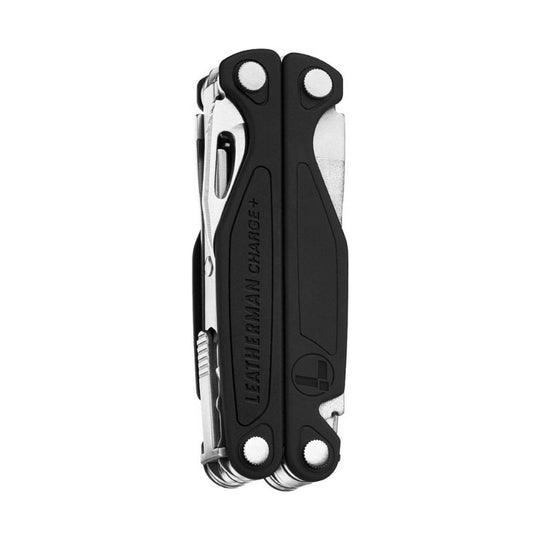 Closed black and silver folding multi-tool with visible LEATHERMAN CHARGE+ text