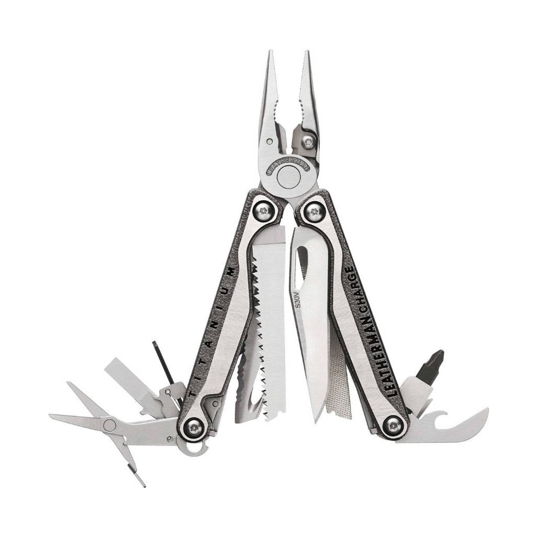 Silver multitool with pliers open, showing scissors, saw blade, knife blade, and bottle opener, with LEATHERMAN and S30V markings
