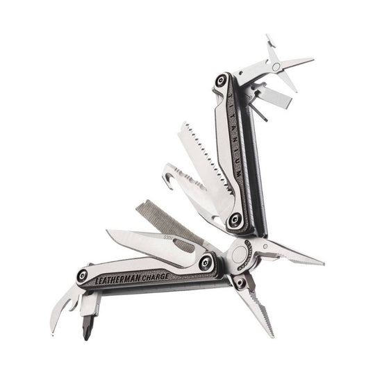 Silver multitool shown open with knife, pliers, saw, scissors, file, and screwdrivers