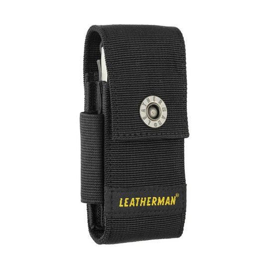 Black nylon tool pouch with snap closure and yellow LEATHERMAN patch