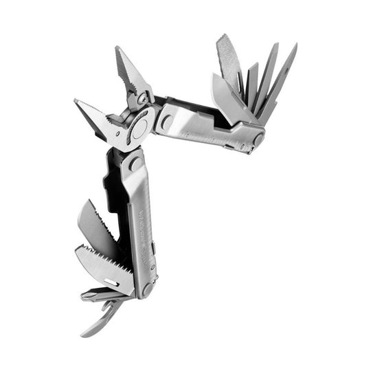 Silver folding multitool with pliers and several tools extended on a white background